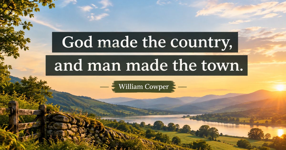 William Cowper quote 'God made the country, and man made the town' over countryside sunset landscape.