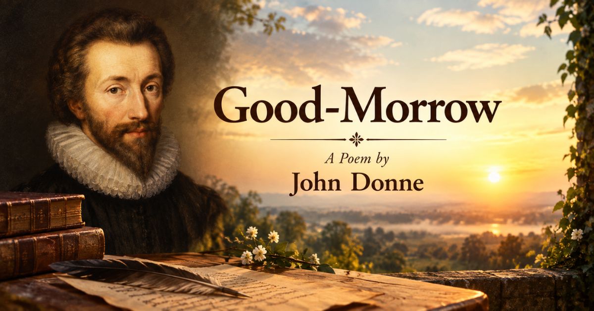 Good-Morrow is a poem by John Donne with a romantic sunrise, historic portrait, books, and poetic manuscript