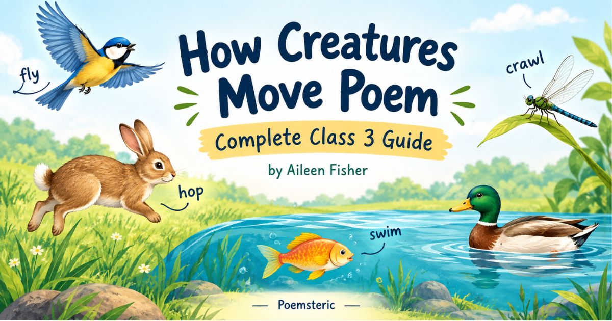 How creatures move poem — animals hop, swim, fly and crawl illustration.