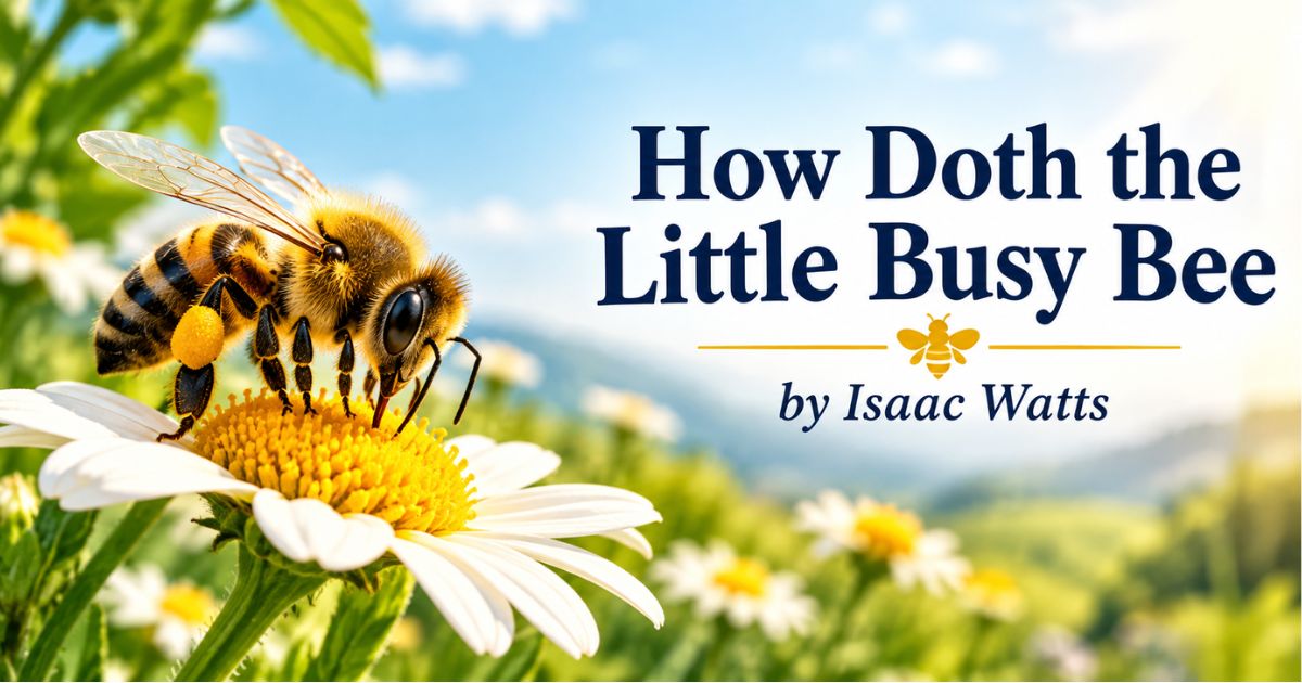 How doth the little busy bee poem — bee gathering pollen from a daisy flower, by Isaac Watts.