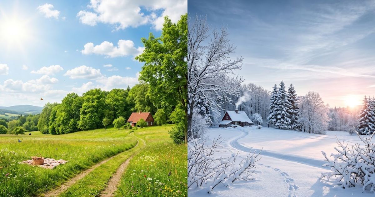 How is winter described in the poem with a snowy winter landscape contrasted with a bright summer scene.