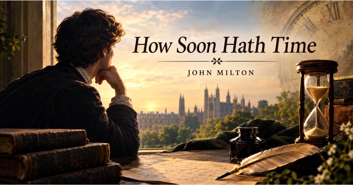 Who composed How Soon Hath Time — young Milton at desk with hourglass and quill.
