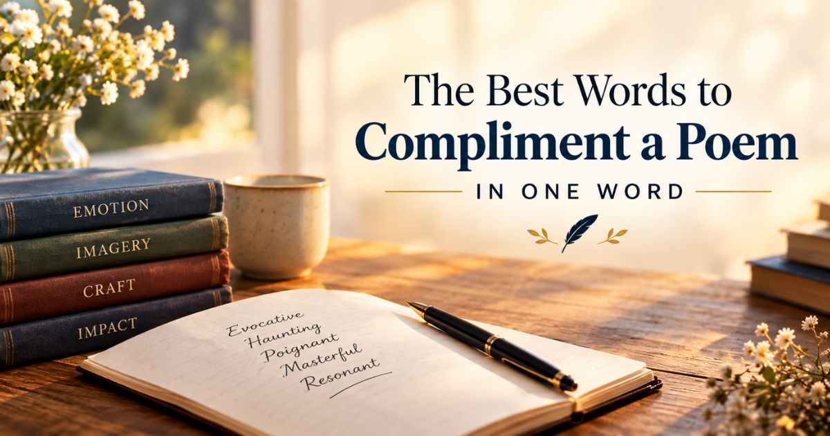 Notebook listing words for how to compliment a poem in one word.