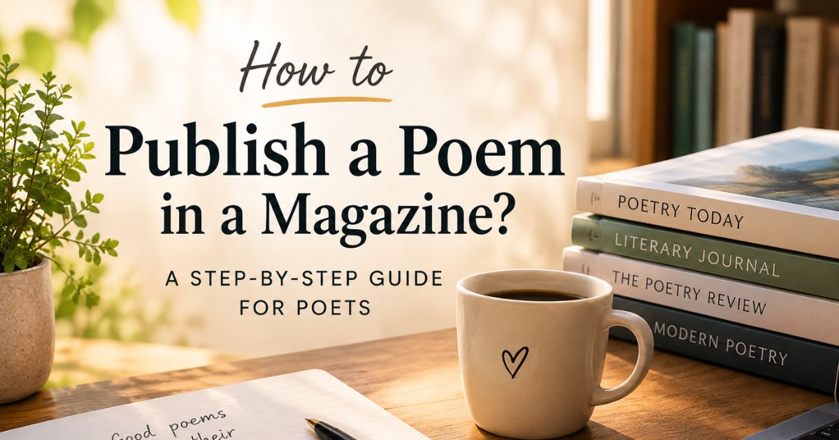 How to publish a poem in a magazine guide — cozy writing desk with coffee, notebook, and stacked poetry journals.