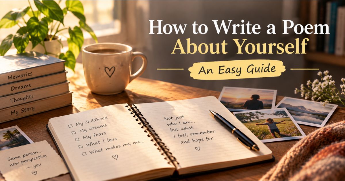 How to write a poem about yourself — open journal with brainstorming prompts and photos.