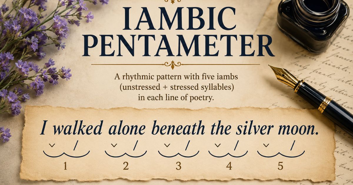 Iambic pentameter definition with a scanned example line showing five stressed and unstressed syllable pairs.
