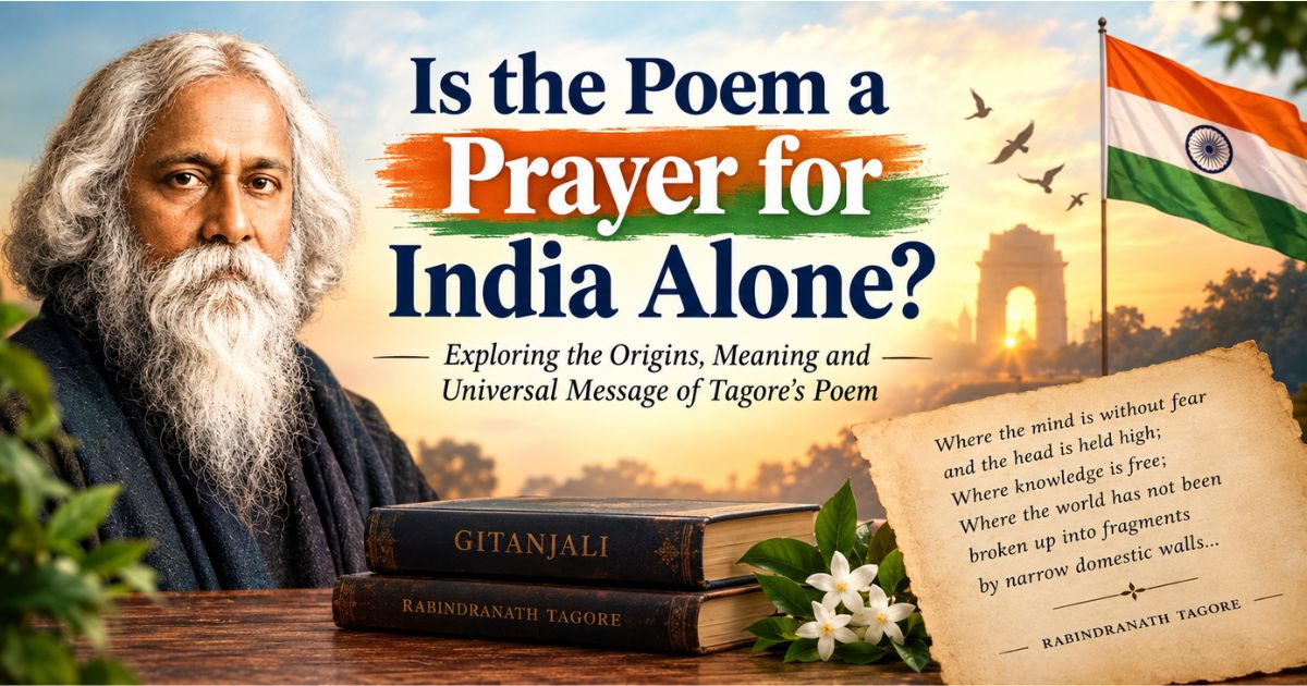Is the poem a prayer for India alone — Tagore portrait with Gitanjali books and India Gate at sunrise.