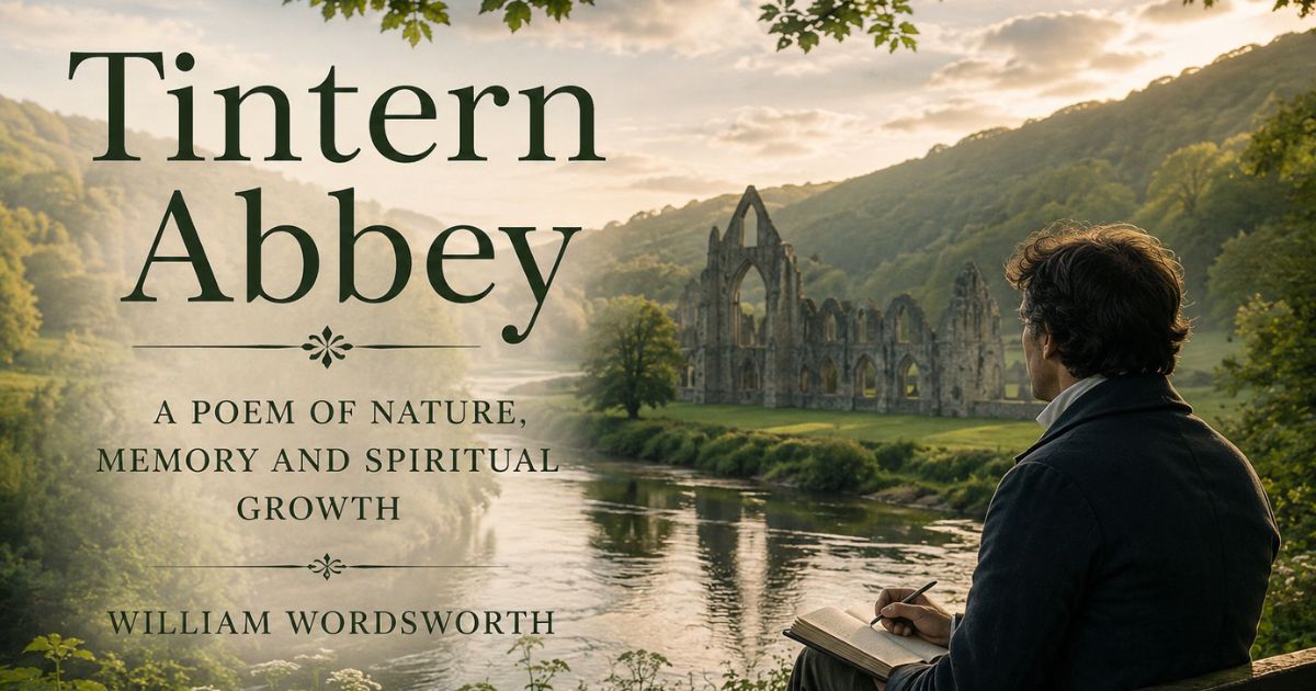 Man reflecting by Tintern Abbey ruins, capturing the main theme of the poem Tintern Abbey.