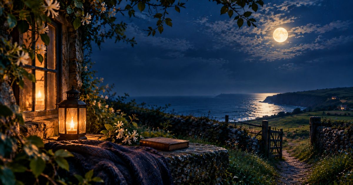 Meeting at night scene: moonlit seaside cottage with glowing window, lantern, old book and path to the sea.