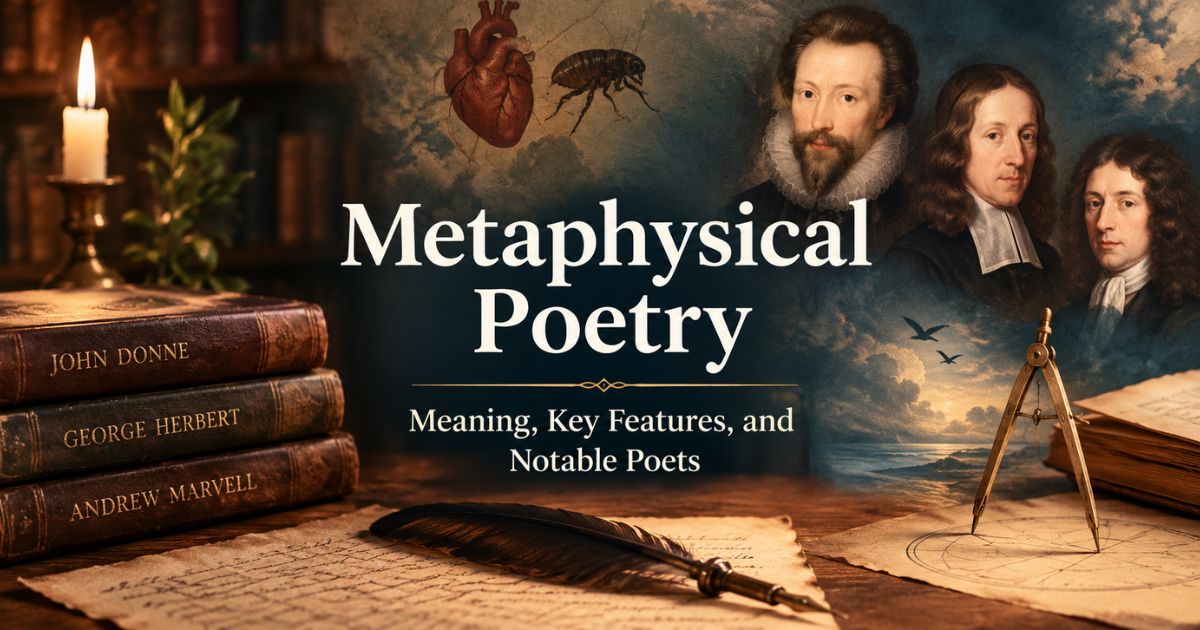 Metaphysical poem illustration with John Donne, George Herbert, and Andrew Marvell, plus a compass and quill.
