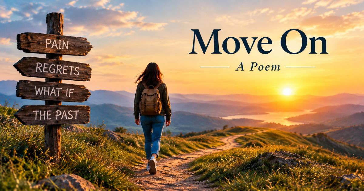 Move on poems featured image with woman walking away from a signpost reading Pain, Regrets, What If, The Past toward a sunset path.