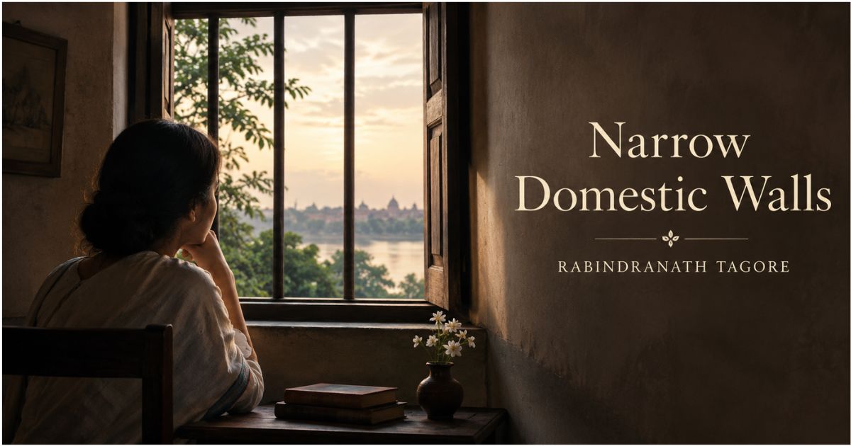 Narrow domestic walls meaning — woman gazing through barred window, Tagore poem art.