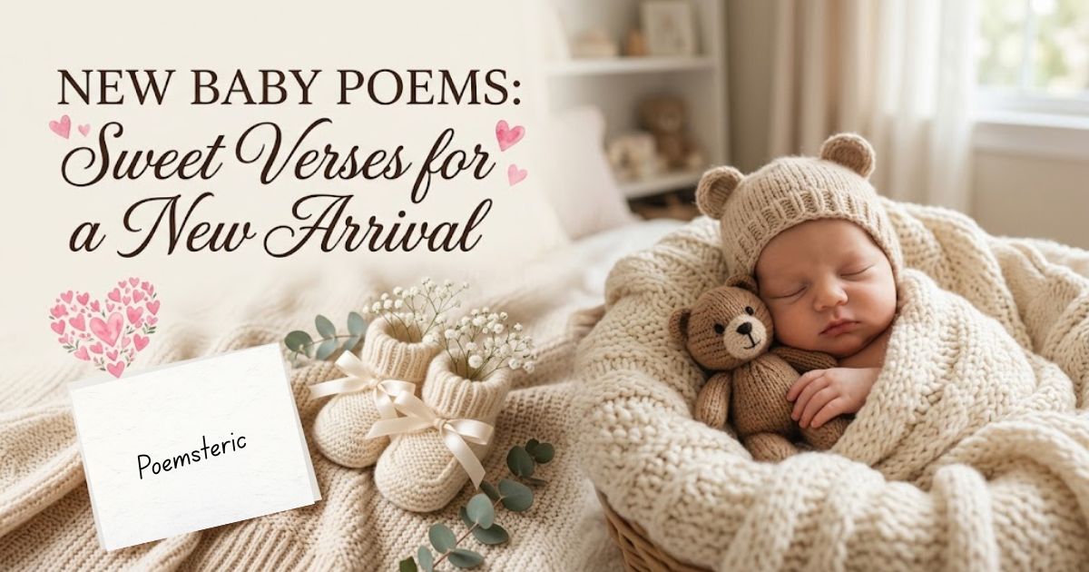 Sleeping new born in a bear hat with teddy bear beside a Poemsteric new baby poems title card.
