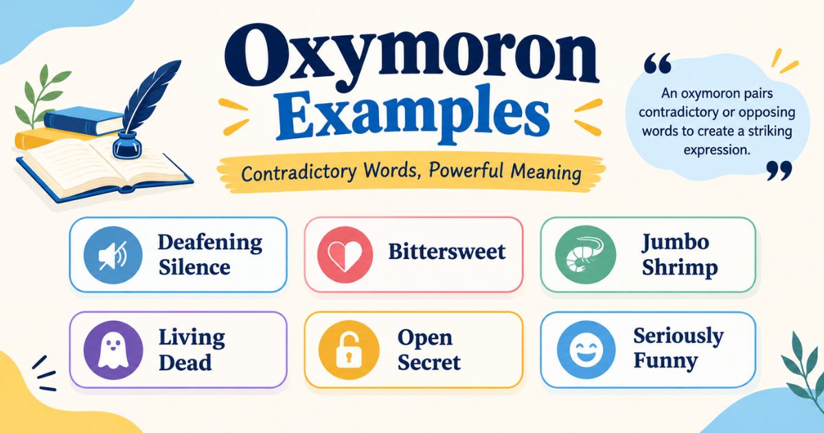 Oxymoron examples graphic listing deafening silence, bittersweet, jumbo shrimp, living dead.
