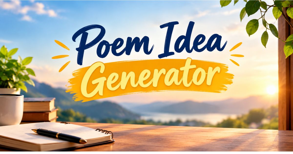 Poem Idea Generator banner with notebook and pen on a desk overlooking mountains at sunrise.