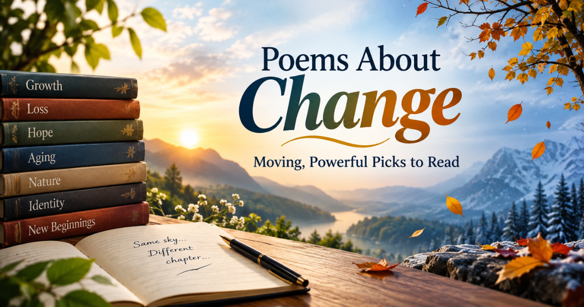 Poems About Change hero image with book stack labeled Growth, Loss, Hope, Aging, and New Beginnings.