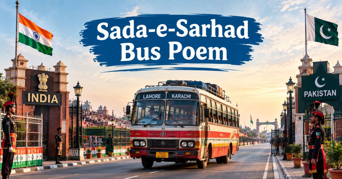 Sada-e-Sarhad bus poem illustration: a bus between the India and Pakistan border gates with flags at sunset.
