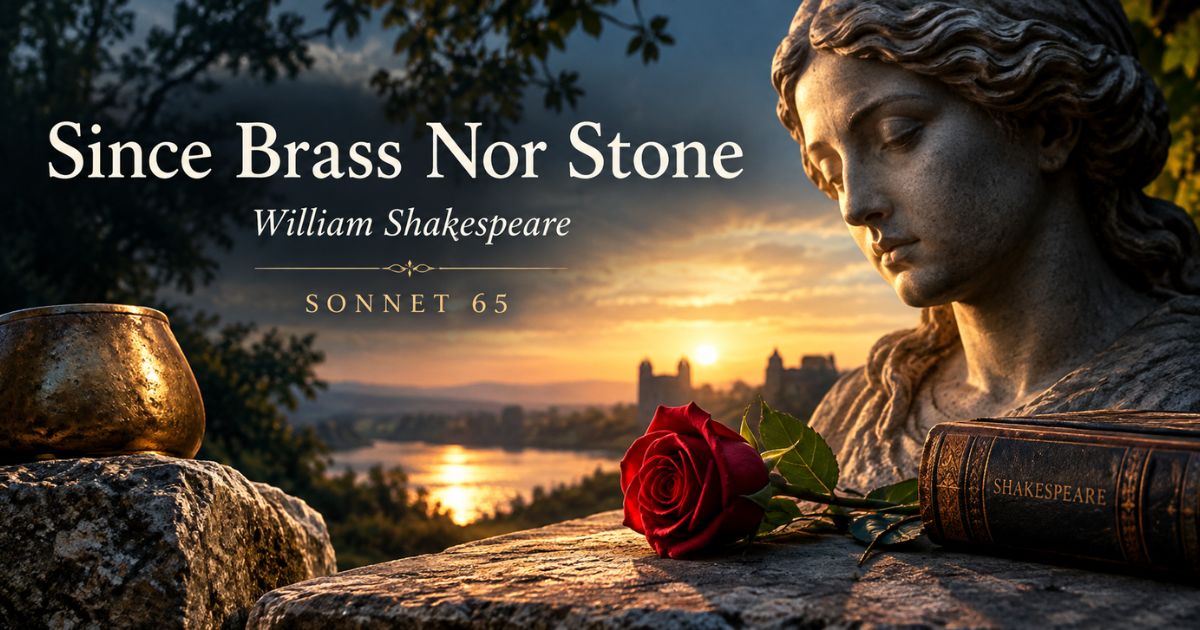 Since brass nor stone Sonnet 65 image — stone bust, red rose, and brass bowl at sunset, by William Shakespeare.