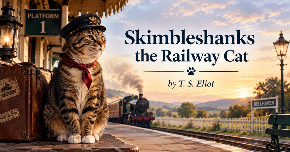 Skimbleshanks the Railway Cat by T. S. Eliot with a railway station, train, vintage suitcase, and cat.