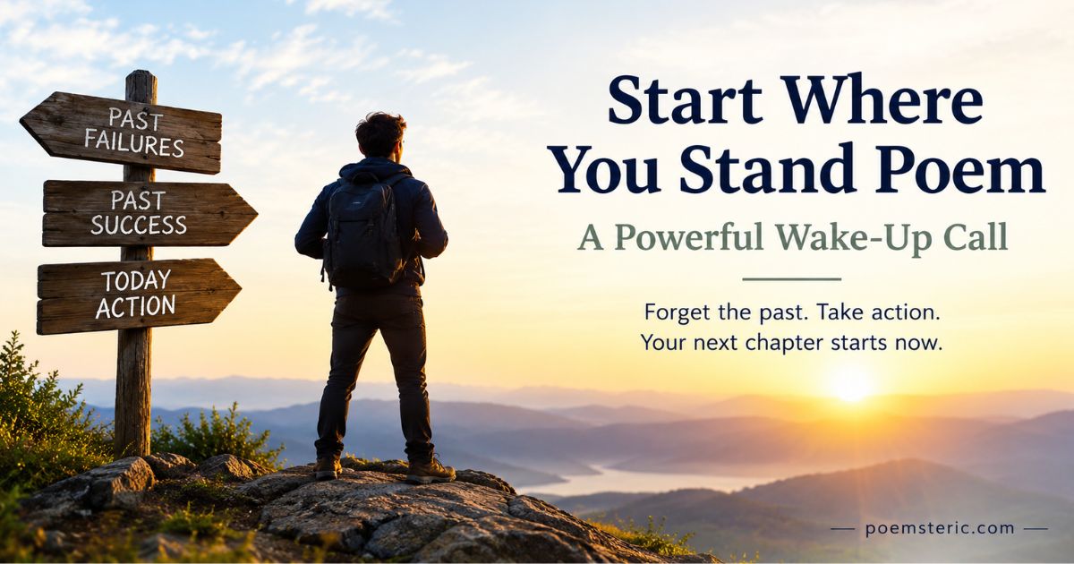 Start where you stand poem figure facing forward past a signpost.