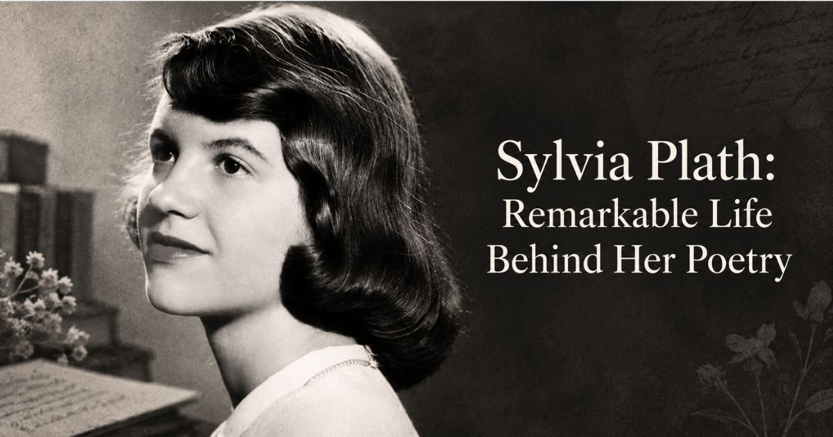 Sylvia Plath vintage portrait banner with handwritten poetry and flowers in the background.