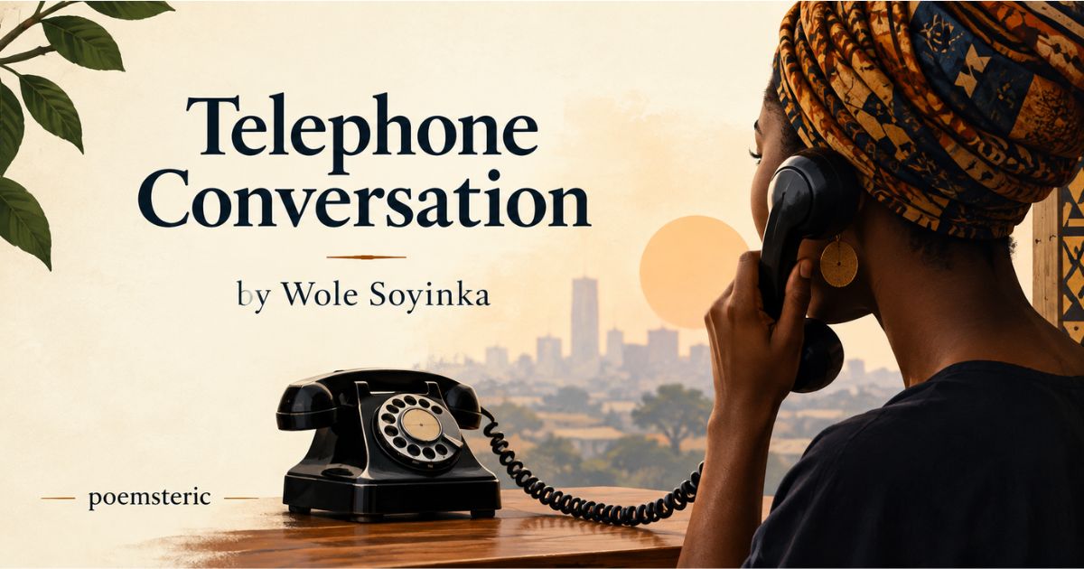 Theme of the poem Telephone Conversation — African man on a vintage phone, Wole Soyinka poem art.