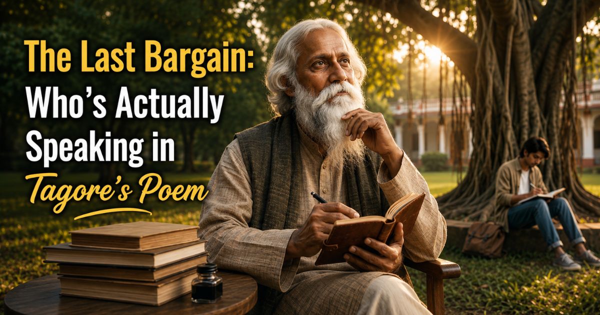 Elderly writer with journal, illustrating who is the speaker in The Last Bargain poem.