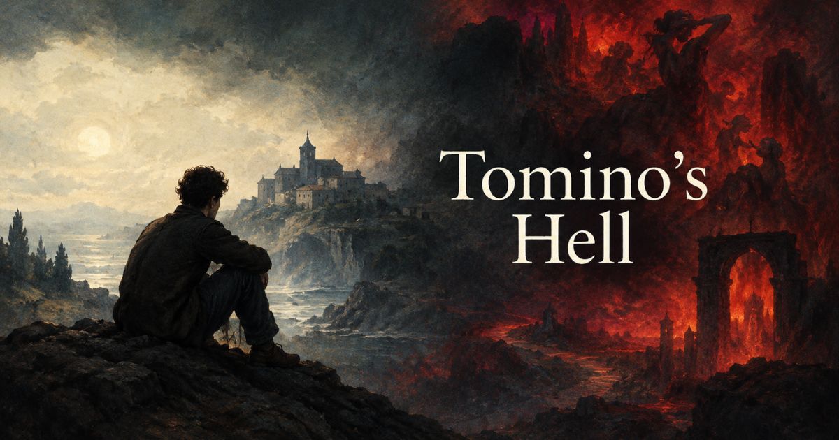 Tomino's Hell poem featuring a dark surreal landscape, lone figure, and fiery hellscape.