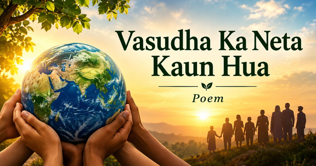 Vasudha Ka Neta Kaun Hua poem cover — hands holding Earth with silhouettes of people at sunrise.