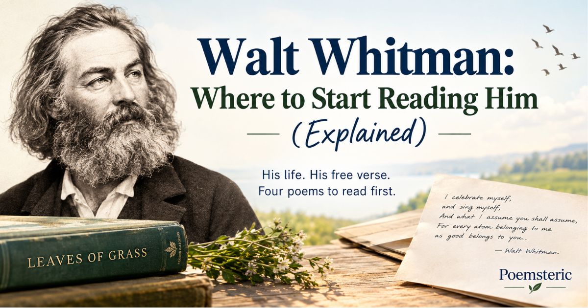 Walt Whitman with Leaves of Grass book, a guide to where to start reading his poetry.