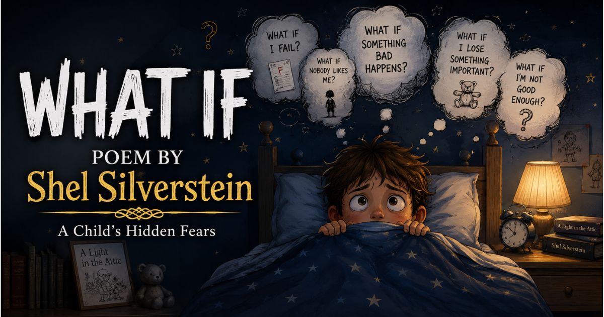 Worried child in bed with thought bubbles, illustrating the what if poem by Shel Silverstein.