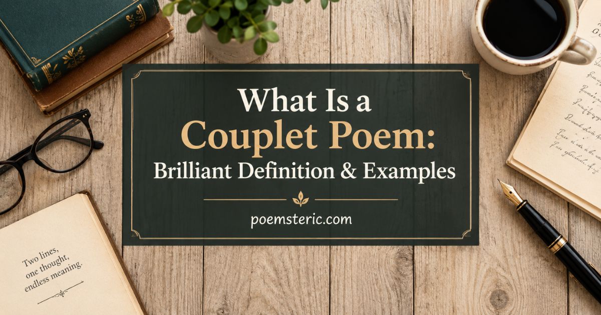 What is a couplet poem? Title card on a wooden desk with books, glasses and a fountain pen.