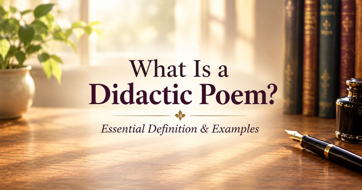 What Is a Didactic Poem? definition and examples banner with fountain pen, antique books, and potted plant on wooden desk.