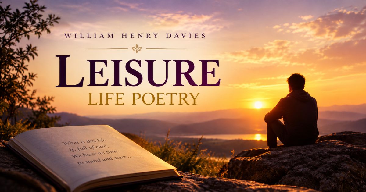 William Henry Davies' Leisure poem quote in an open book, exploring what type of poem is Leisure.