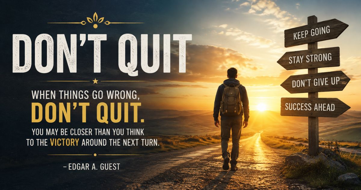 When things go wrong poem quote by Edgar A. Guest with man walking toward sunrise.