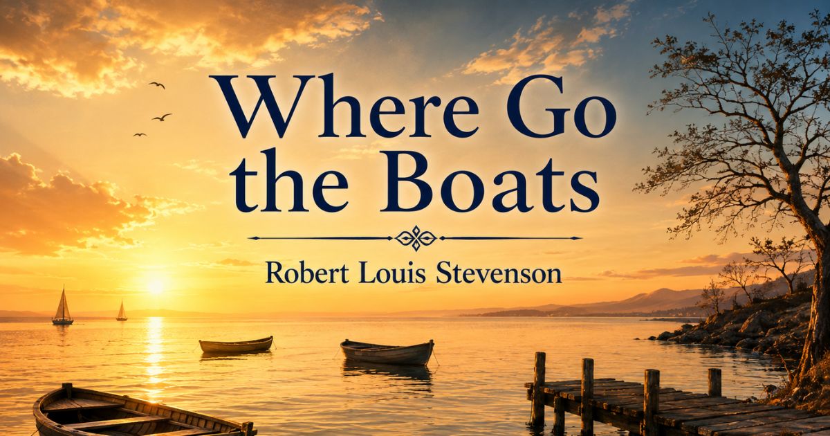 Where Go the Boats poem by Robert Louis Stevenson — sunset river boats illustration.