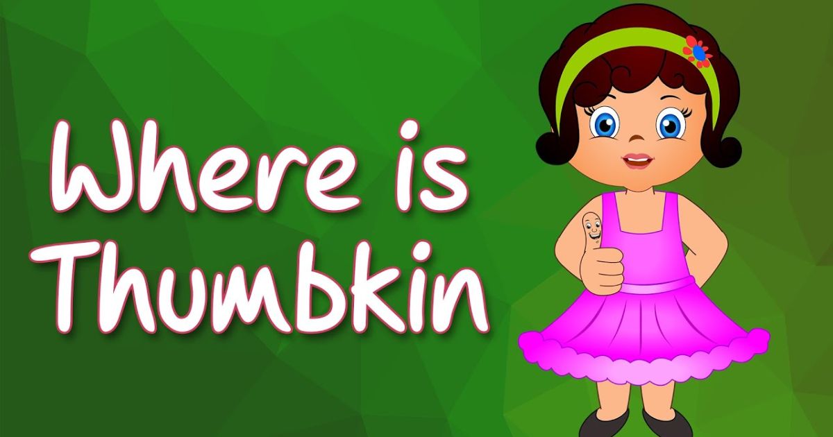 Where is Thumbkin poem title with cartoon girl showing thumb finger puppet.