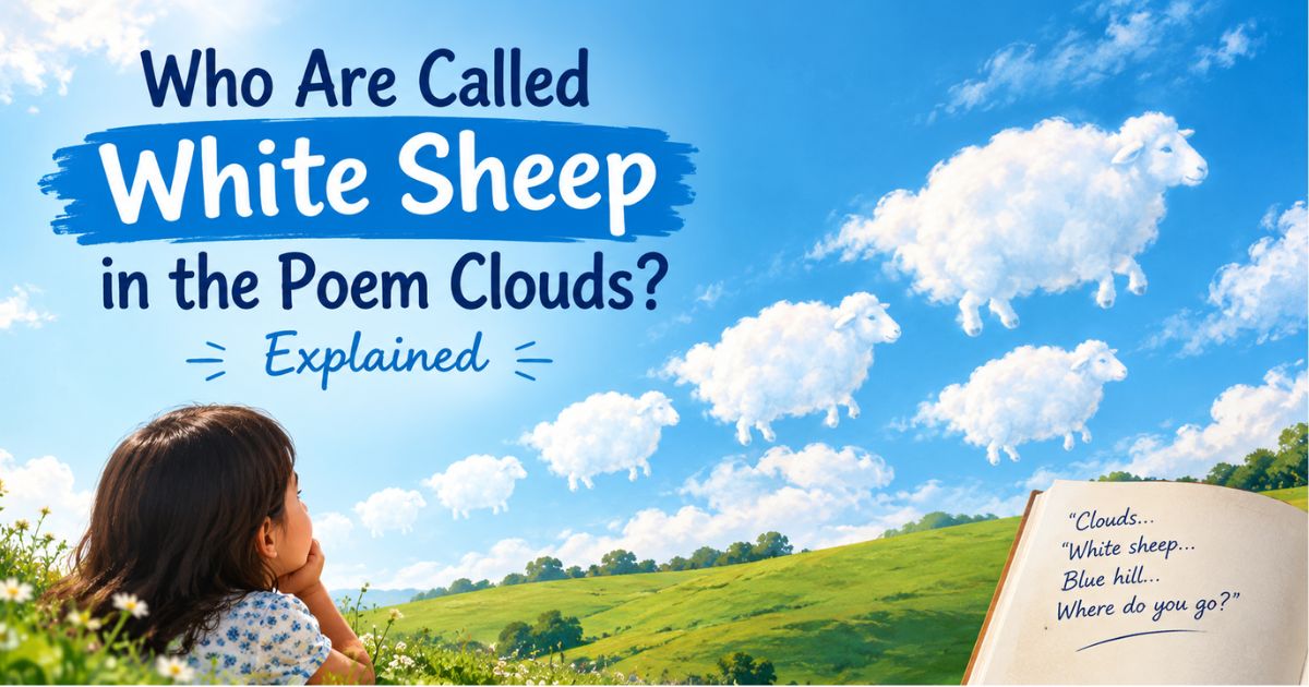 Who are called white sheep in the poem Clouds — illustration of cloud sheep over green hills.
