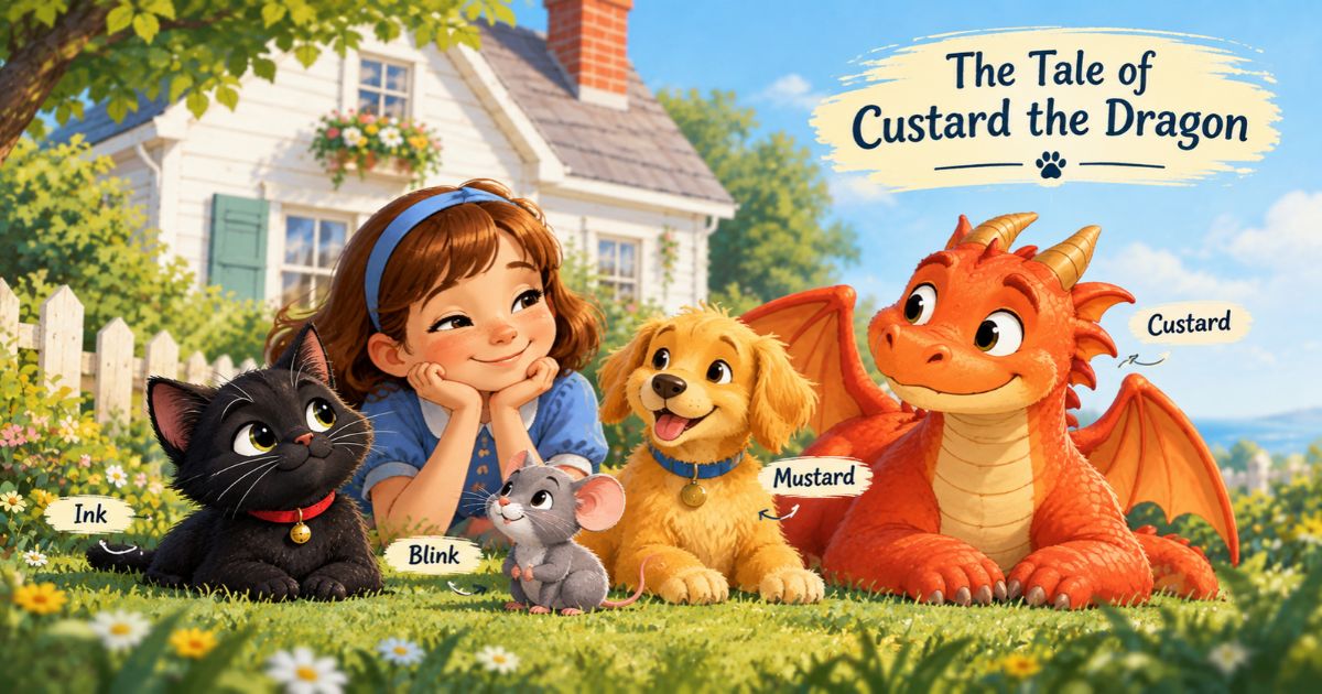 Belinda with pets Ink, Blink, Mustard, and Custard the Dragon, illustrating who are Ink and Blink in the poem.