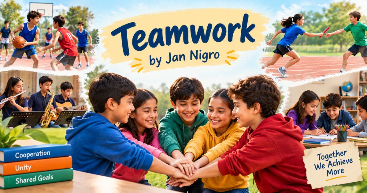 Who is the poet of Teamwork? Jan Nigro, with kids joining hands over basketball, relay and music scenes.