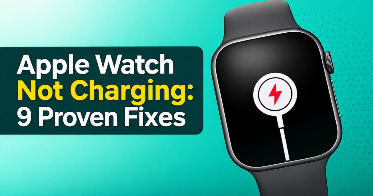 Apple Watch showing a red lightning bolt and charging cable icon, illustrating an Apple Watch not charging problem.