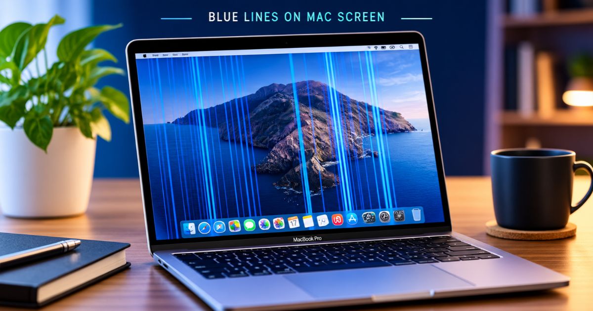 Blue lines on Mac screen: MacBook Pro display with vertical blue lines across the desktop.