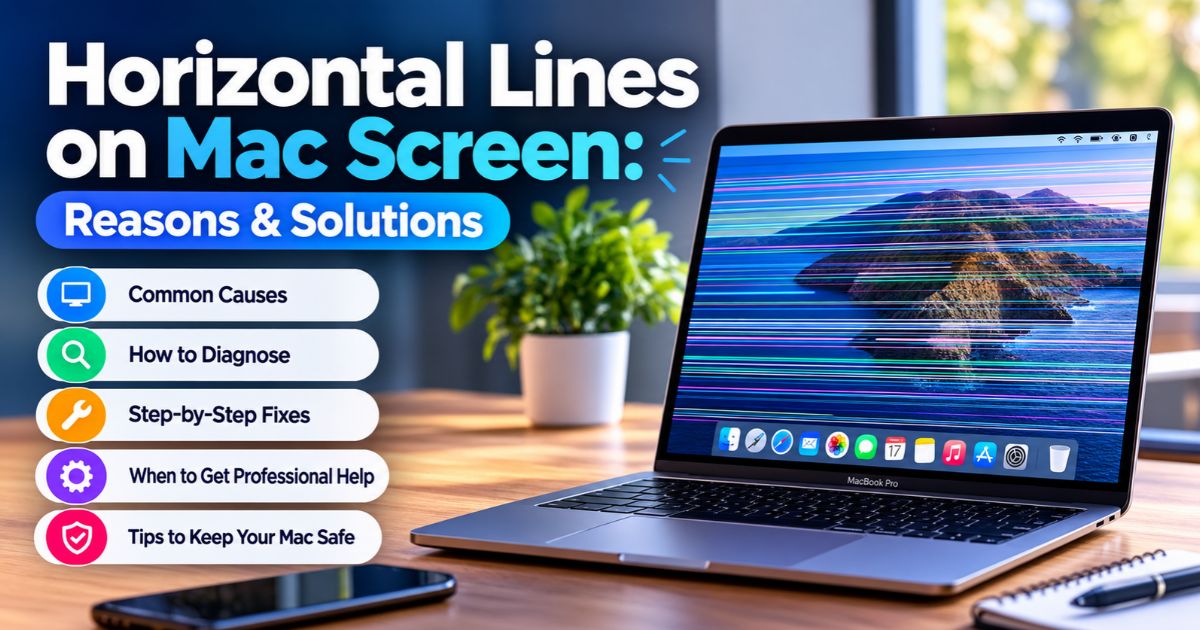 MacBook Pro screen showing horizontal lines on Mac screen display with causes and fixes guide.