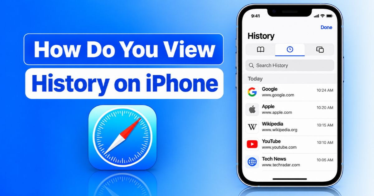 How do you view history on iPhone: Safari History screen with the clock tab selected and the Search History bar.
