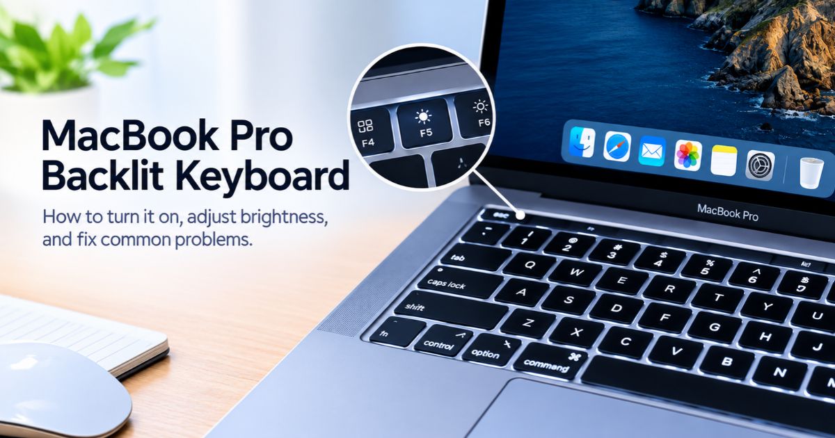 MacBook Pro backlit keyboard with F5 and F6 keys highlighted.