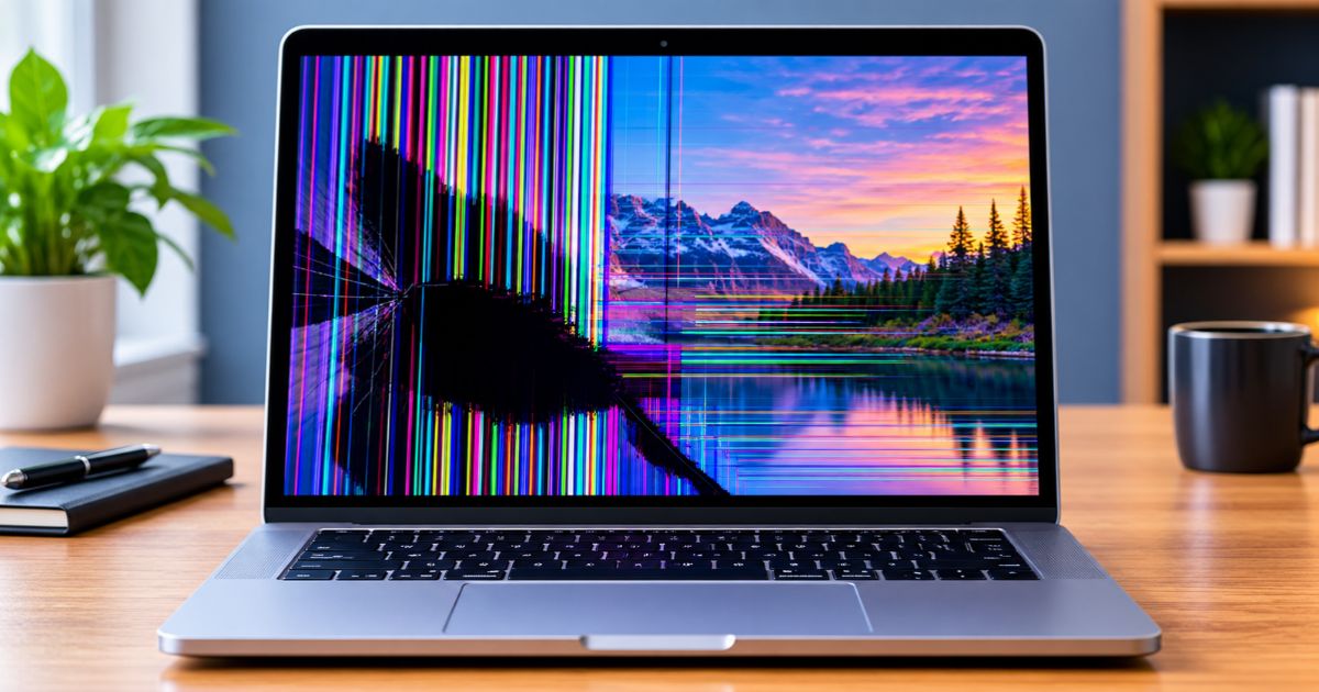 MacBook screen internally cracked with colored vertical lines and a black ink-like patch over a mountain landscape wallpaper.