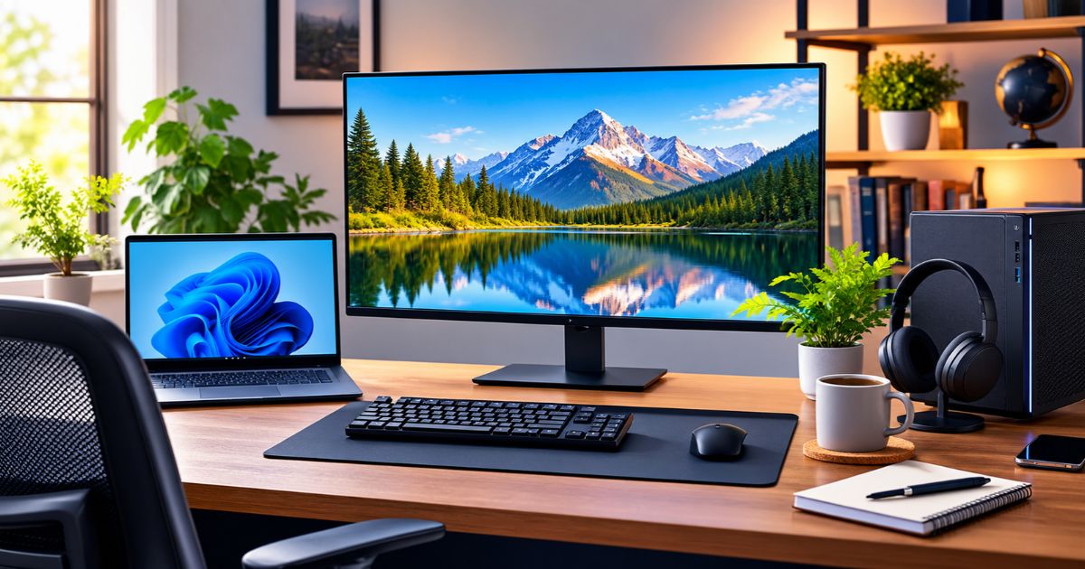 Personal workstation setup with monitor, laptop, keyboard, mouse, headphones, and ergonomic chair on a desk.